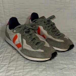 Veja Gray Olive Sneakers with Orange V Logo